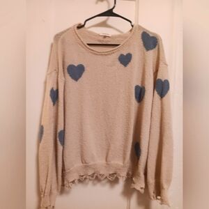 ADORA Light Beige Crewneck Sweater with Blue Hearts